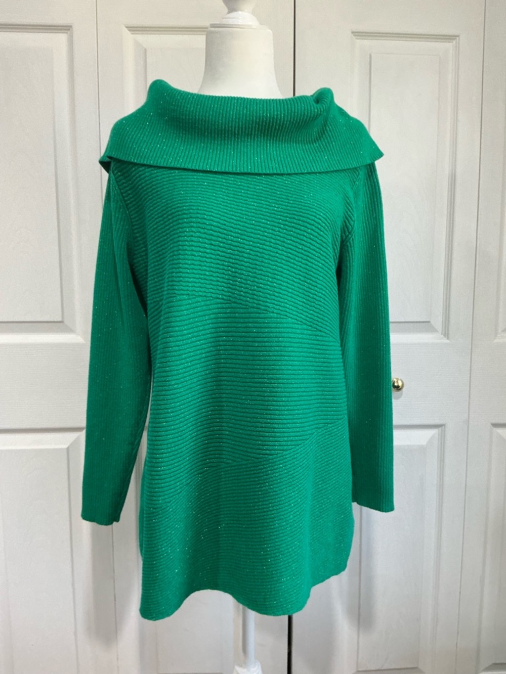 🤎 Alfani Women’s Green Shimmery Cowl Neck Sweater - XL